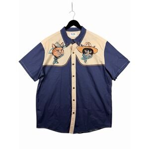 Boozelele Shirt Men's Sz XL Cotton Button Down Western Cowcat in Blue, Beige